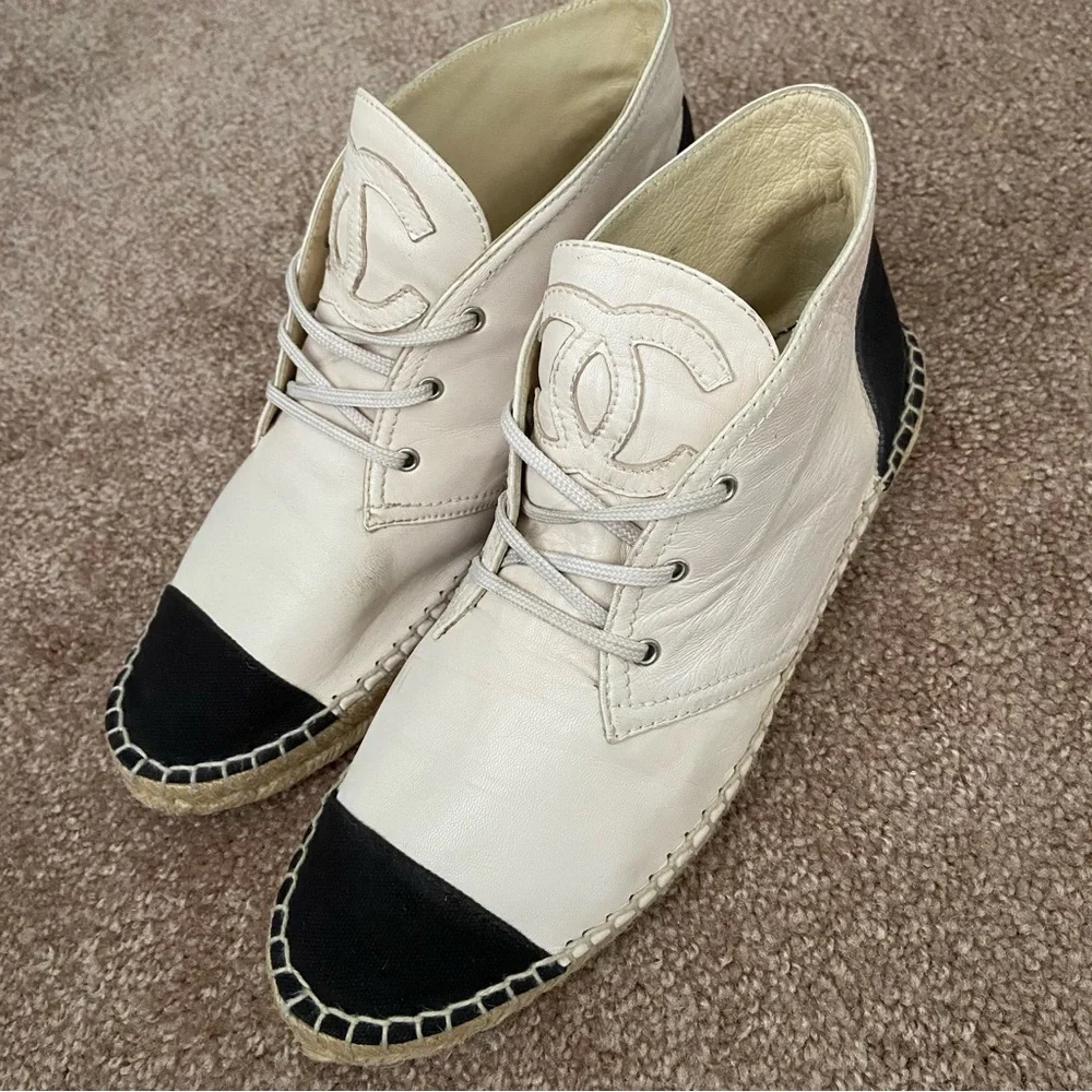 Chanel Two Tone Leather Canvas CC Logo Espadrille Lace Up High Top Sneakers
